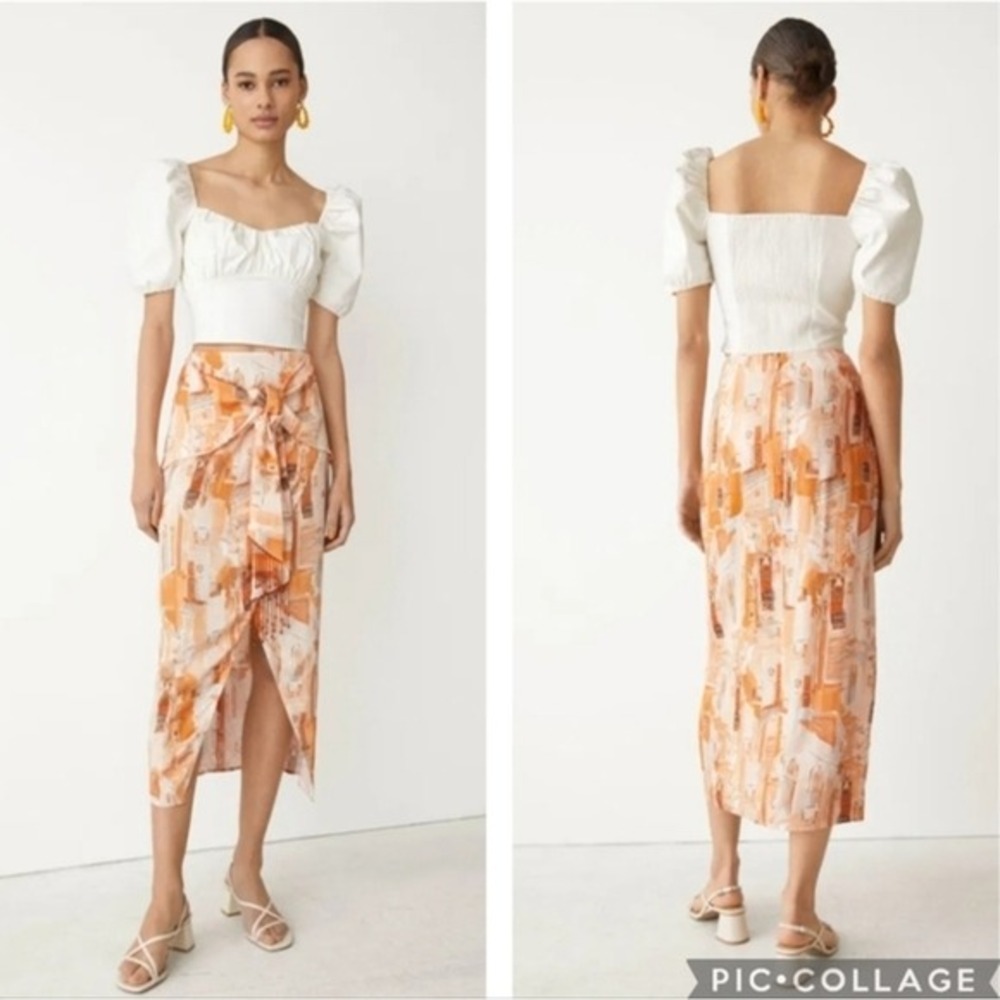 & Other Stories Printed Asymmetric Midi Skirt Terracotta Spring Faux Wrap Cupro